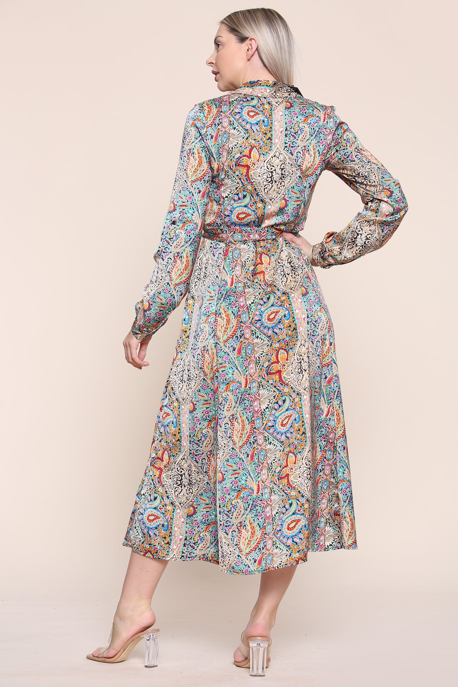 8Pcs Green Paisley Printed Long Sleeve Maxi Dress