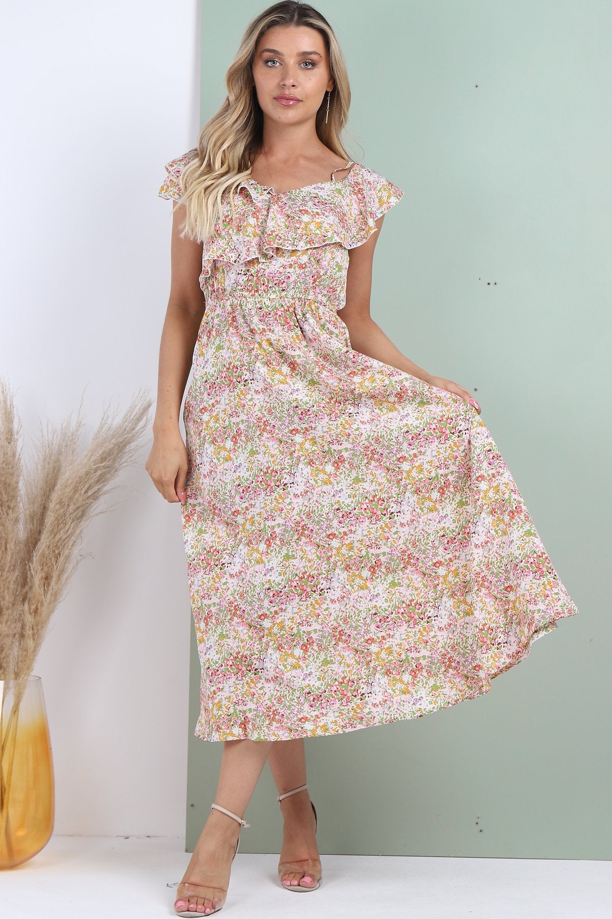 8Pcs White Ditsy Floral Printed Asymmetric Strap Midi Dress