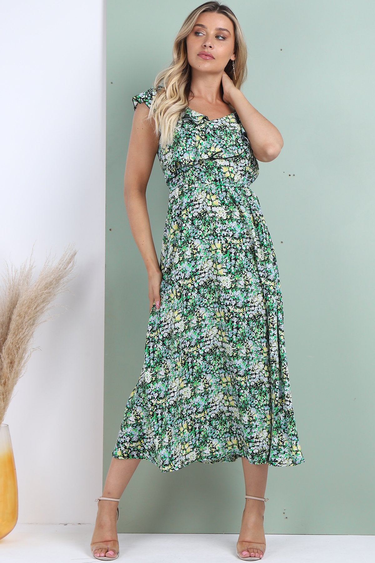 8Pcs Black Ditsy Floral Printed Asymmetric Strap Midi Dress