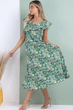 8Pcs Black Ditsy Floral Printed Asymmetric Strap Midi Dress