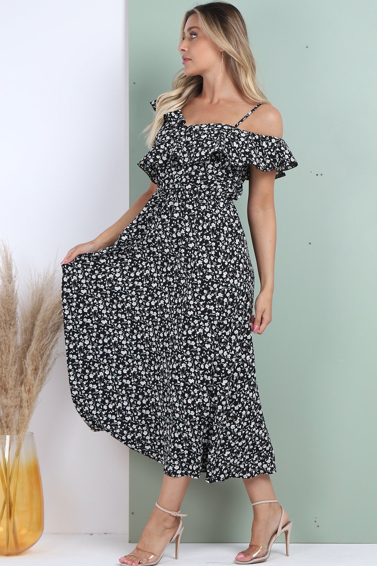 8Pcs Black Floral Printed Asymmetric Strap Midi Dress