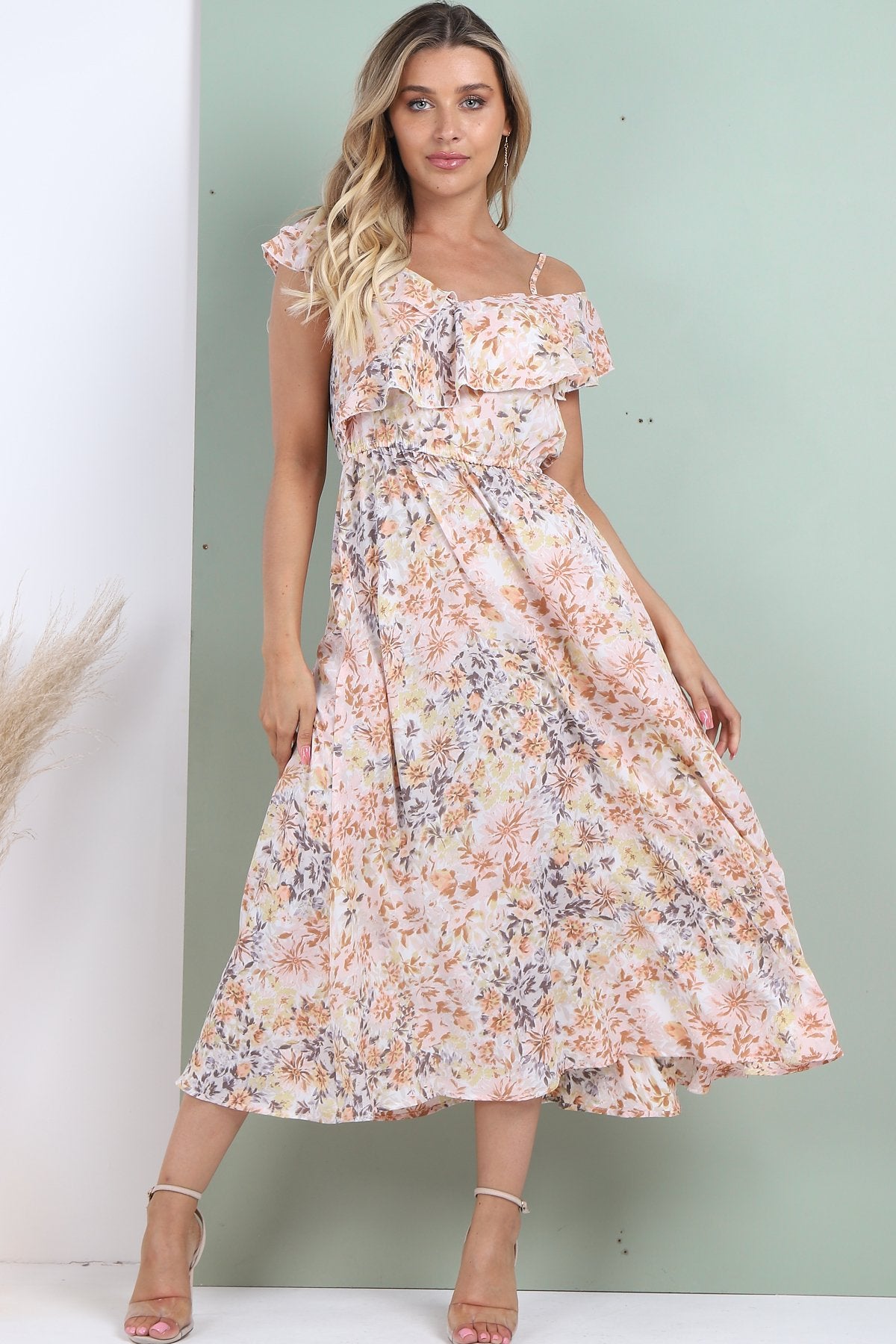 8Pcs Peach Floral Printed Asymmetric Strap Midi Dress
