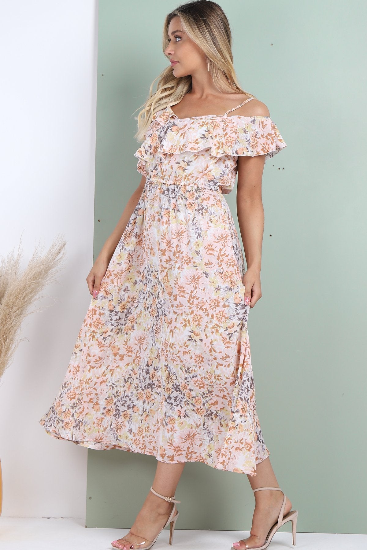 8Pcs Peach Floral Printed Asymmetric Strap Midi Dress