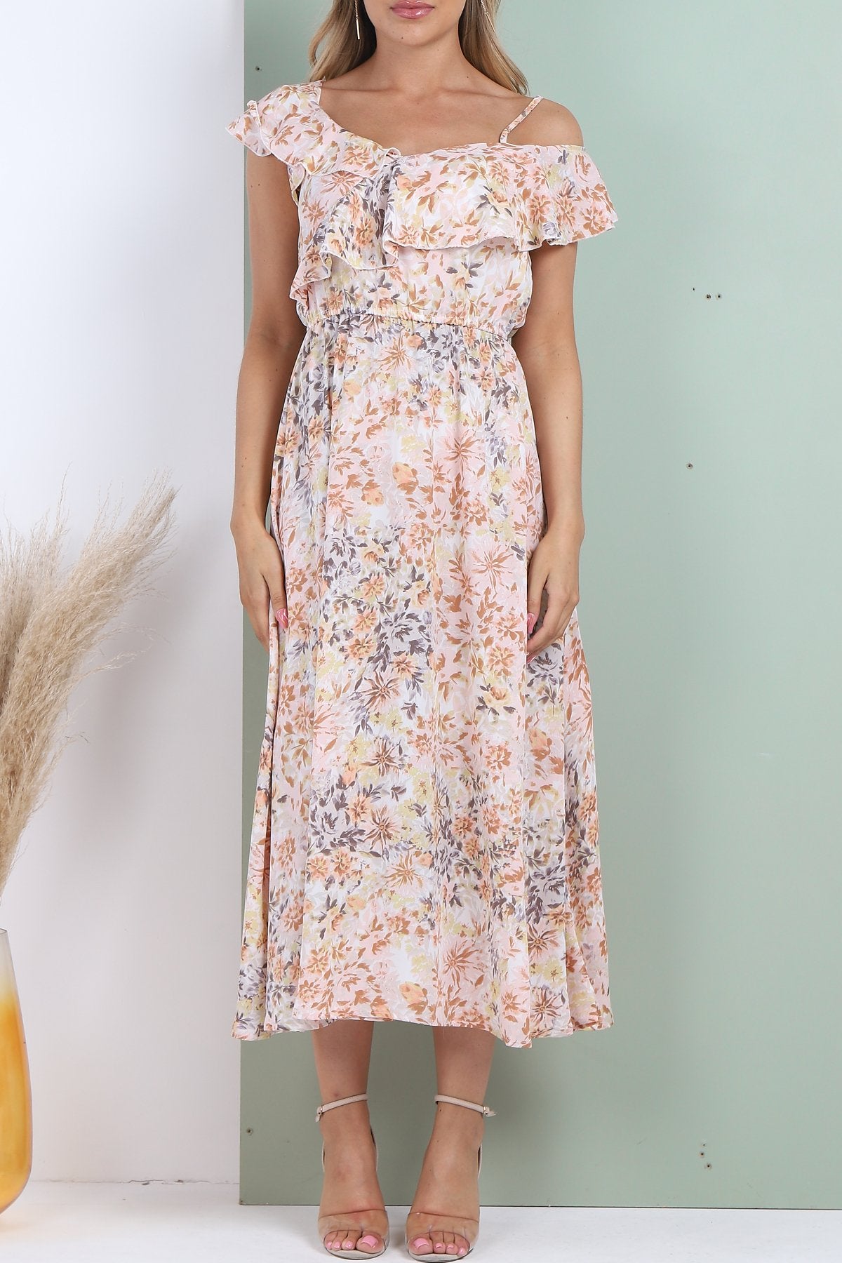 8Pcs Peach Floral Printed Asymmetric Strap Midi Dress