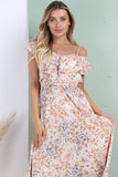 8Pcs Peach Floral Printed Asymmetric Strap Midi Dress