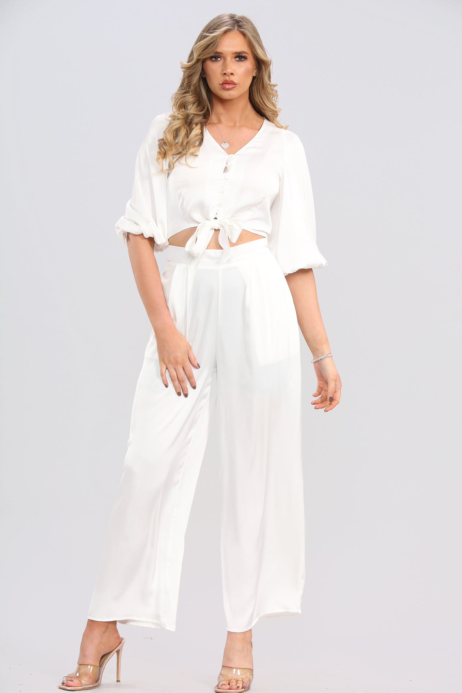 8Pcs White Brushed Satin Co-ord Trousers Set