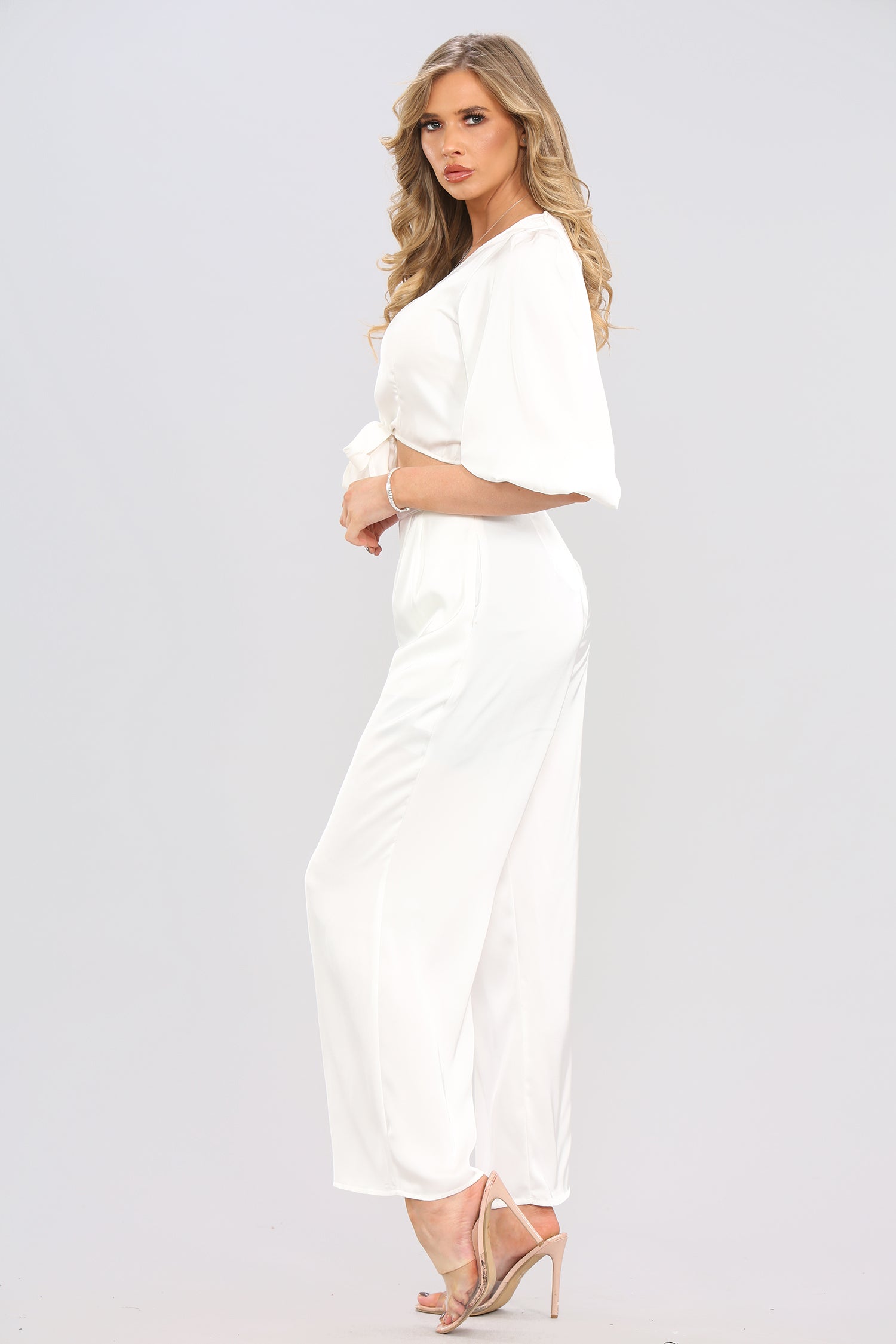 8Pcs White Brushed Satin Co-ord Trousers Set