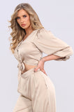 8Pcs Beige Brushed Satin Cropped Top