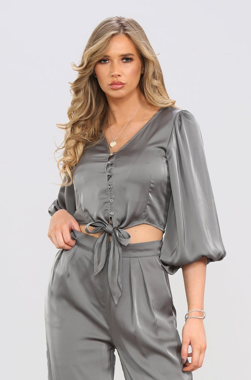 8Pcs Grey Brushed Satin Cropped Top