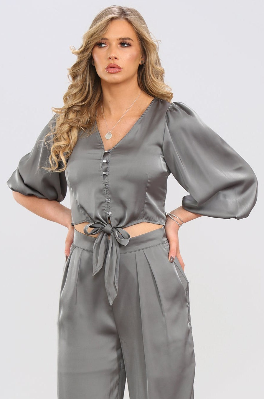 8Pcs Grey Brushed Satin Cropped Top