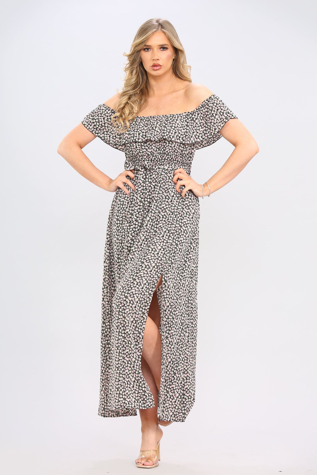 8Pcs Black Ditsy Floral Print Frill Bardot Maxi Dress