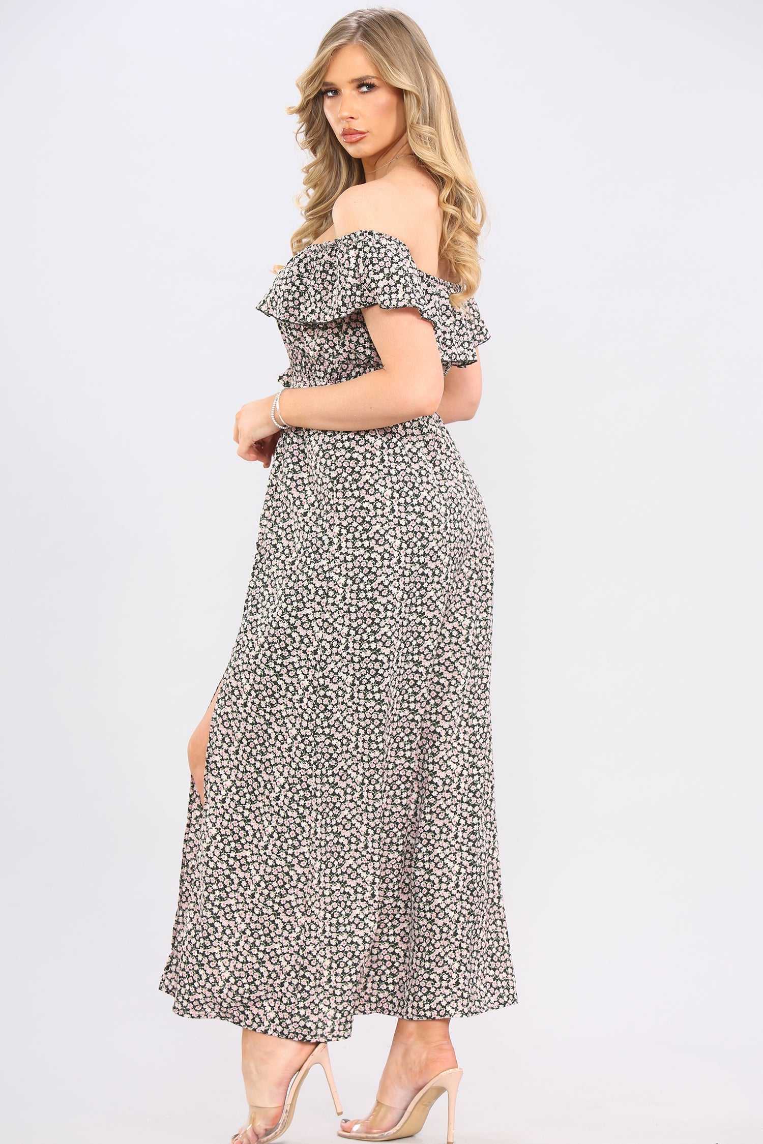 8Pcs Black Ditsy Floral Print Frill Bardot Maxi Dress