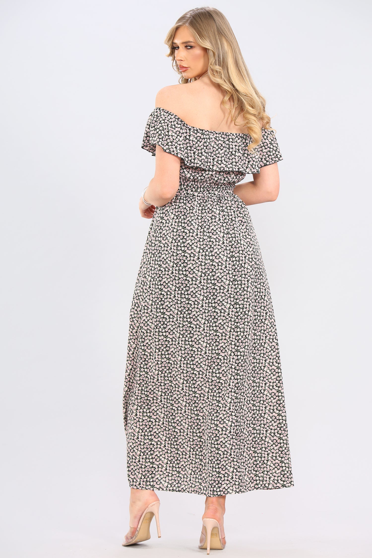 8Pcs Black Ditsy Floral Print Frill Bardot Maxi Dress