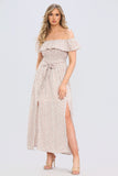 8Pcs Cream Ditsy Floral Print Frill Bardot Maxi Dress