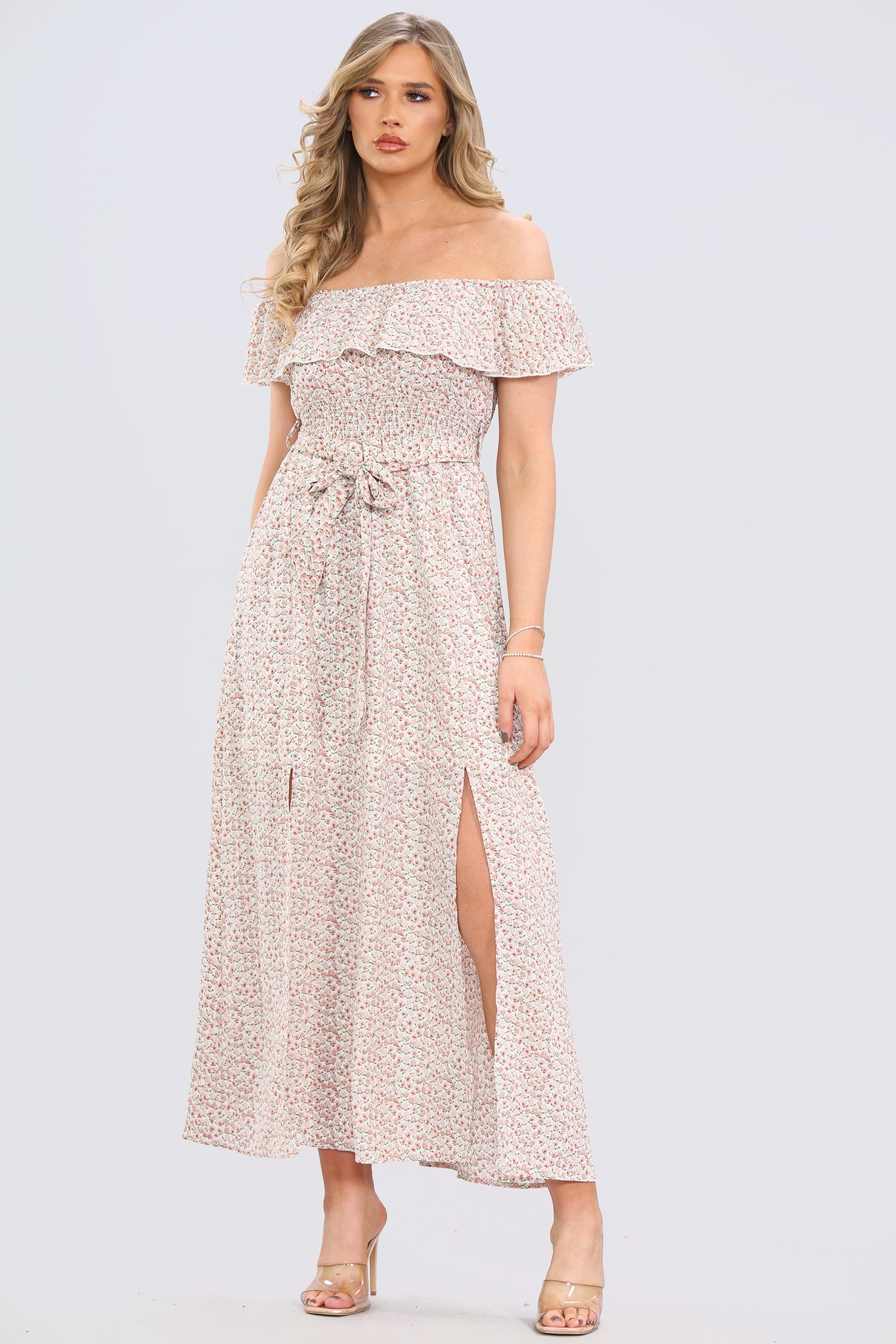 8Pcs Cream Ditsy Floral Print Frill Bardot Maxi Dress
