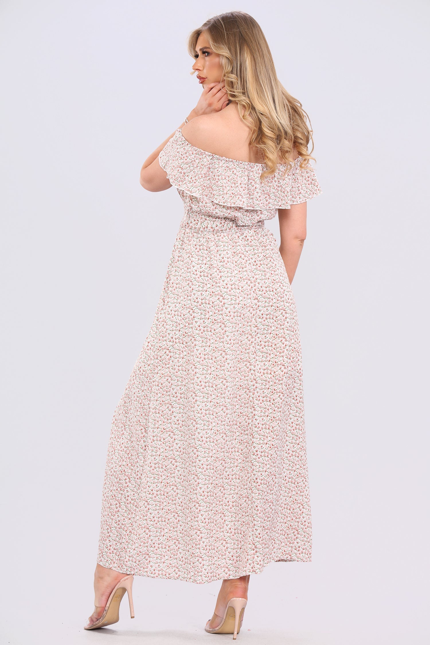8Pcs Cream Ditsy Floral Print Frill Bardot Maxi Dress
