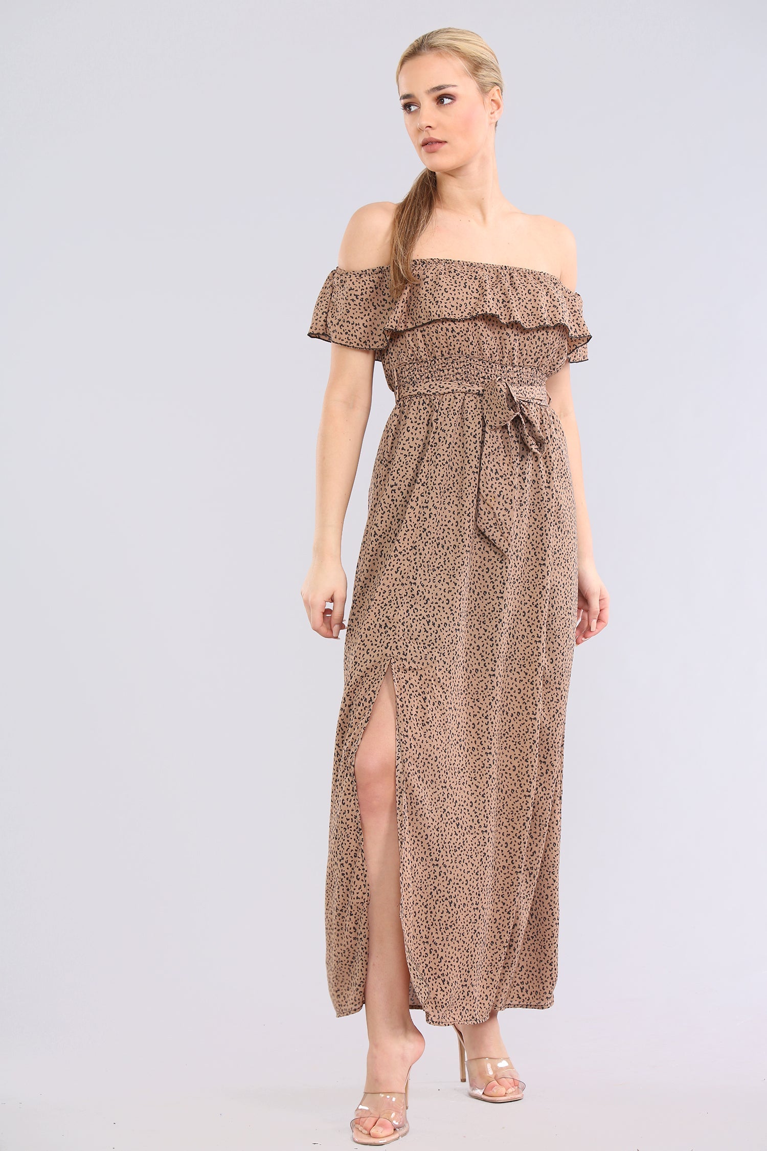 8Pcs Tean Leopard Printed Frill Bardot Maxi Dress