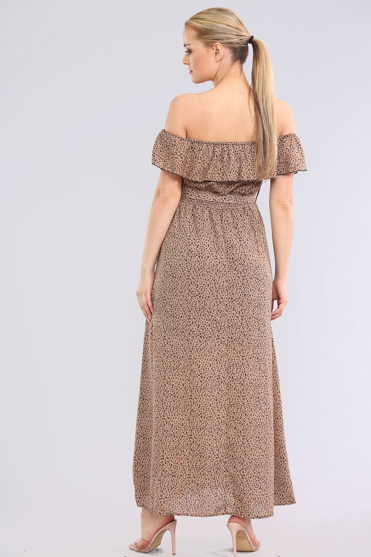 8Pcs Tean Leopard Printed Frill Bardot Maxi Dress