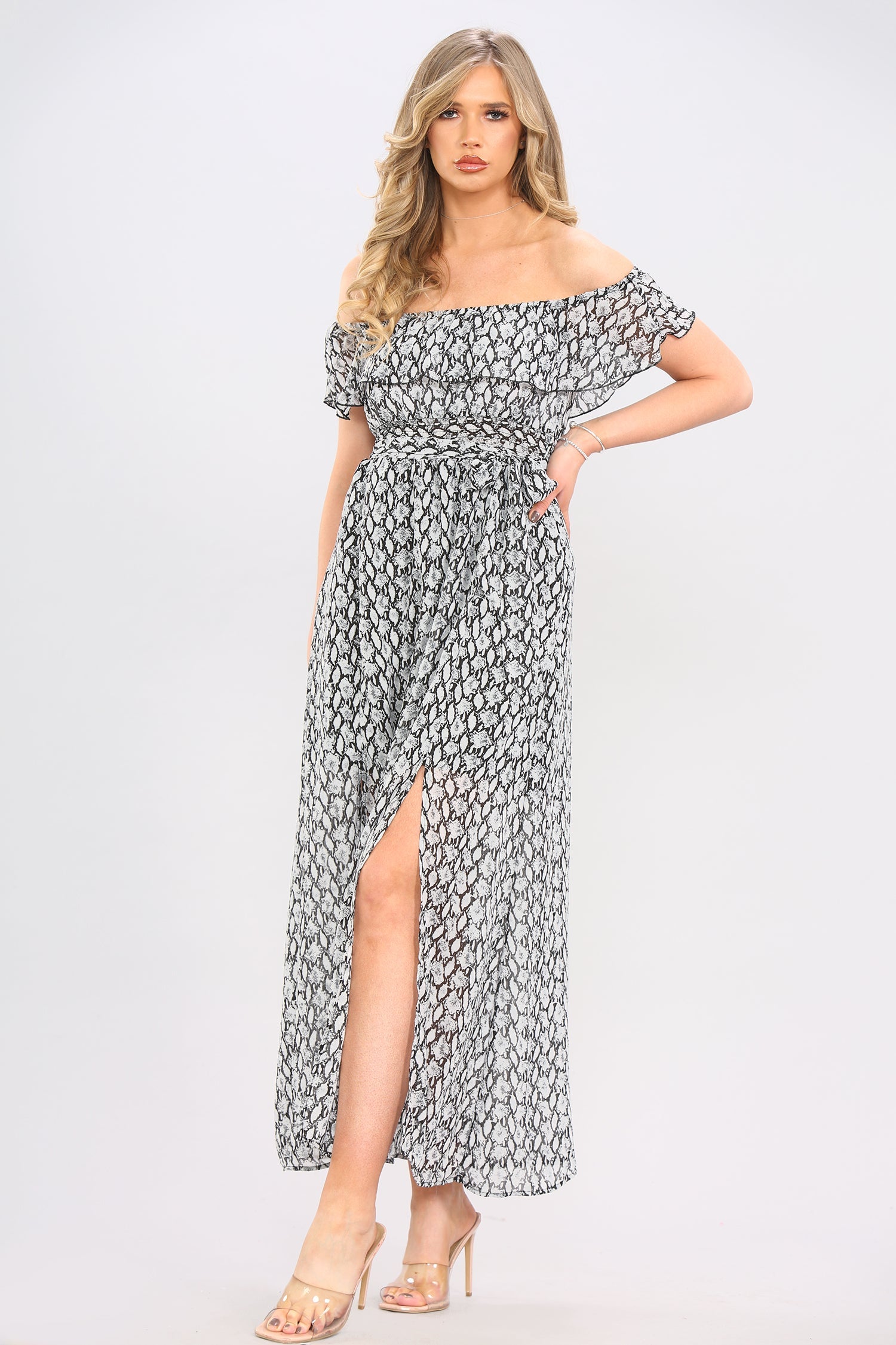 8Pcs Grey Snake Print Frill Bardot Maxi Dress