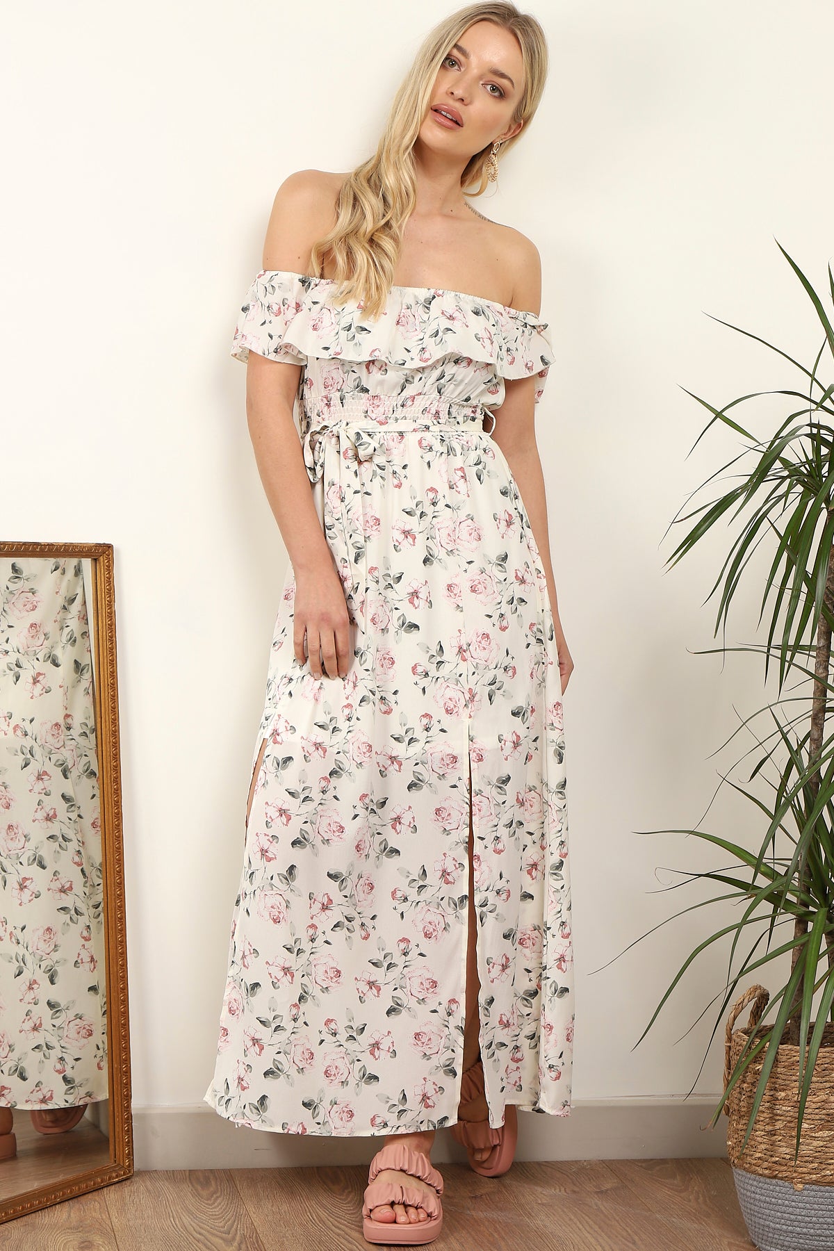 8Pcs Cream Floral Frill Bardot Maxi Dress