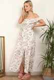 8Pcs Cream Floral Frill Bardot Maxi Dress