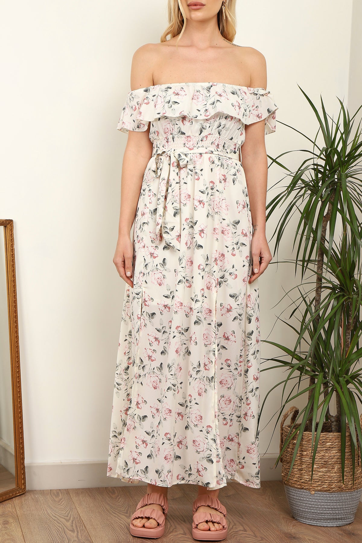 8Pcs Cream Floral Frill Bardot Maxi Dress
