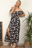 8Pcs Black Floral Frill Bardot Maxi Dress