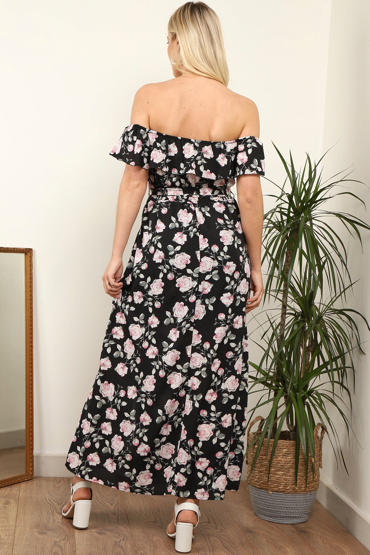 8Pcs Black Floral Frill Bardot Maxi Dress