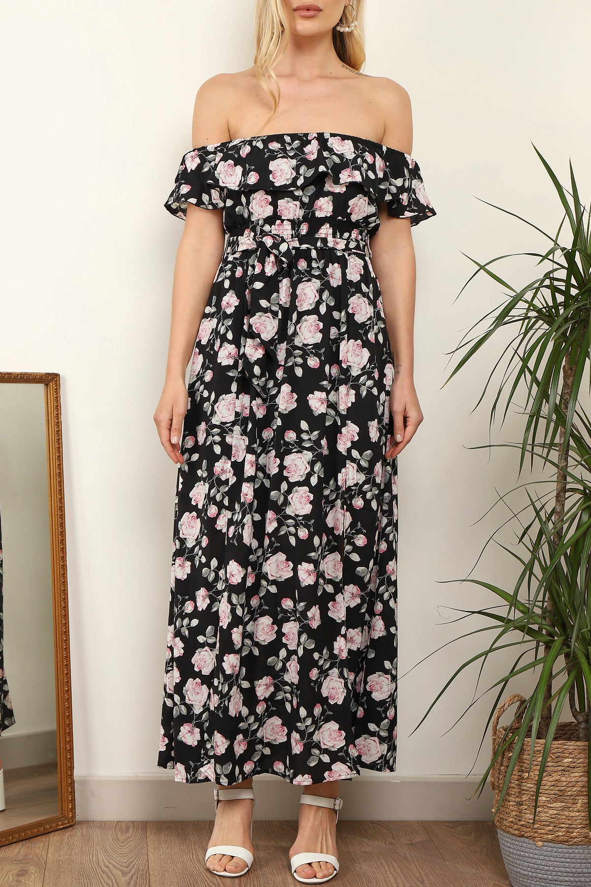 8Pcs Black Floral Frill Bardot Maxi Dress