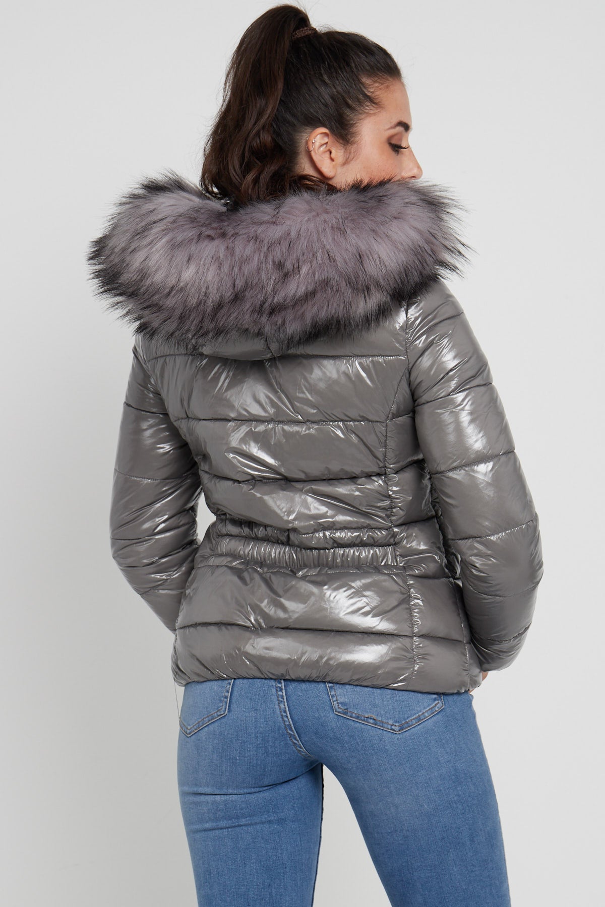 6Pcs Grey Shiny Puffer Jacket with Grey Faux Fur