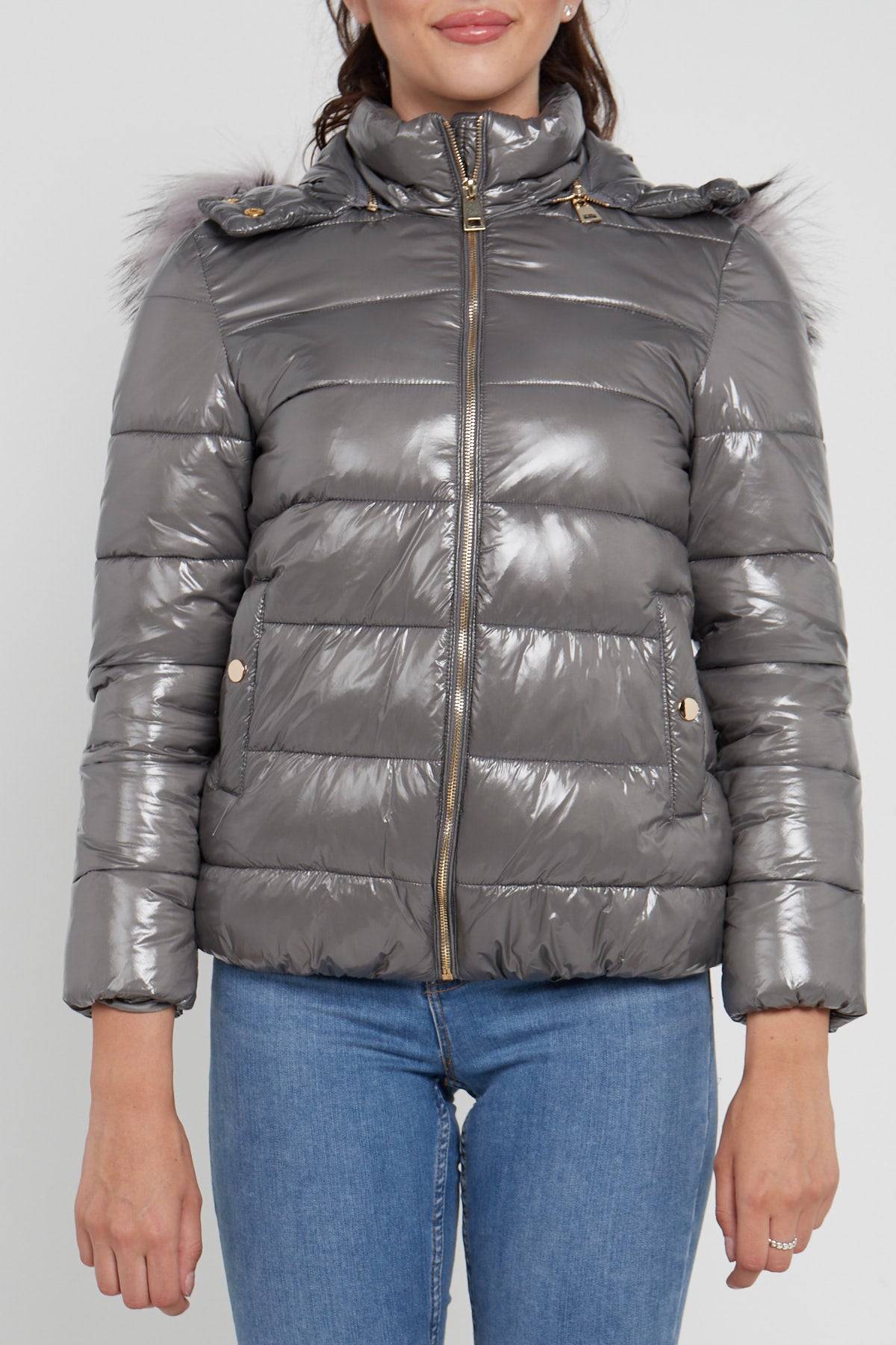 6Pcs Grey Shiny Puffer Jacket with Grey Faux Fur