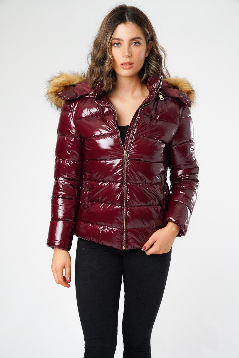 6Pcs Merlot Wet LookPuffer Jacket with Faux Fur on Hood