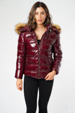 6Pcs Merlot Wet LookPuffer Jacket with Faux Fur on Hood