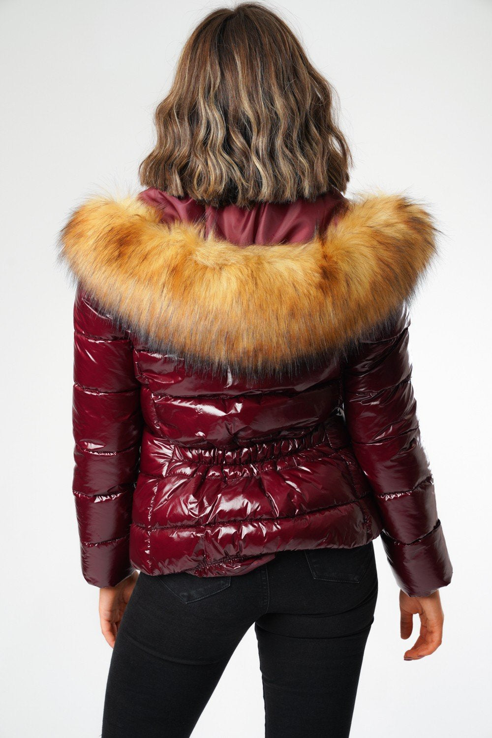 6Pcs Merlot Wet LookPuffer Jacket with Faux Fur on Hood