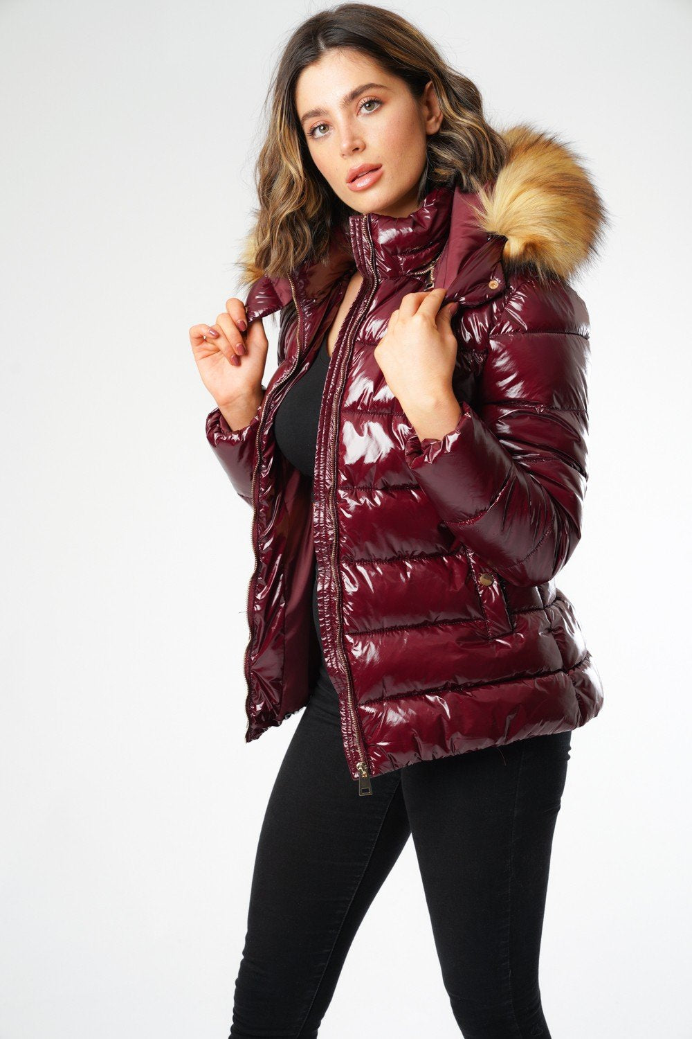 6Pcs Merlot Wet LookPuffer Jacket with Faux Fur on Hood