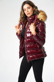 6Pcs Merlot Wet LookPuffer Jacket with Faux Fur on Hood