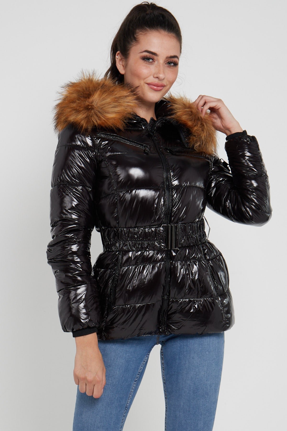 8Pcs Shiny Black Belted Puffer Coat with Faux Fur hood
