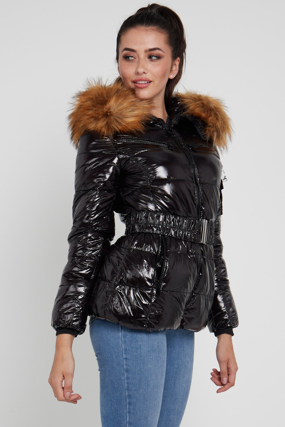 8Pcs Shiny Black Belted Puffer Coat with Faux Fur hood