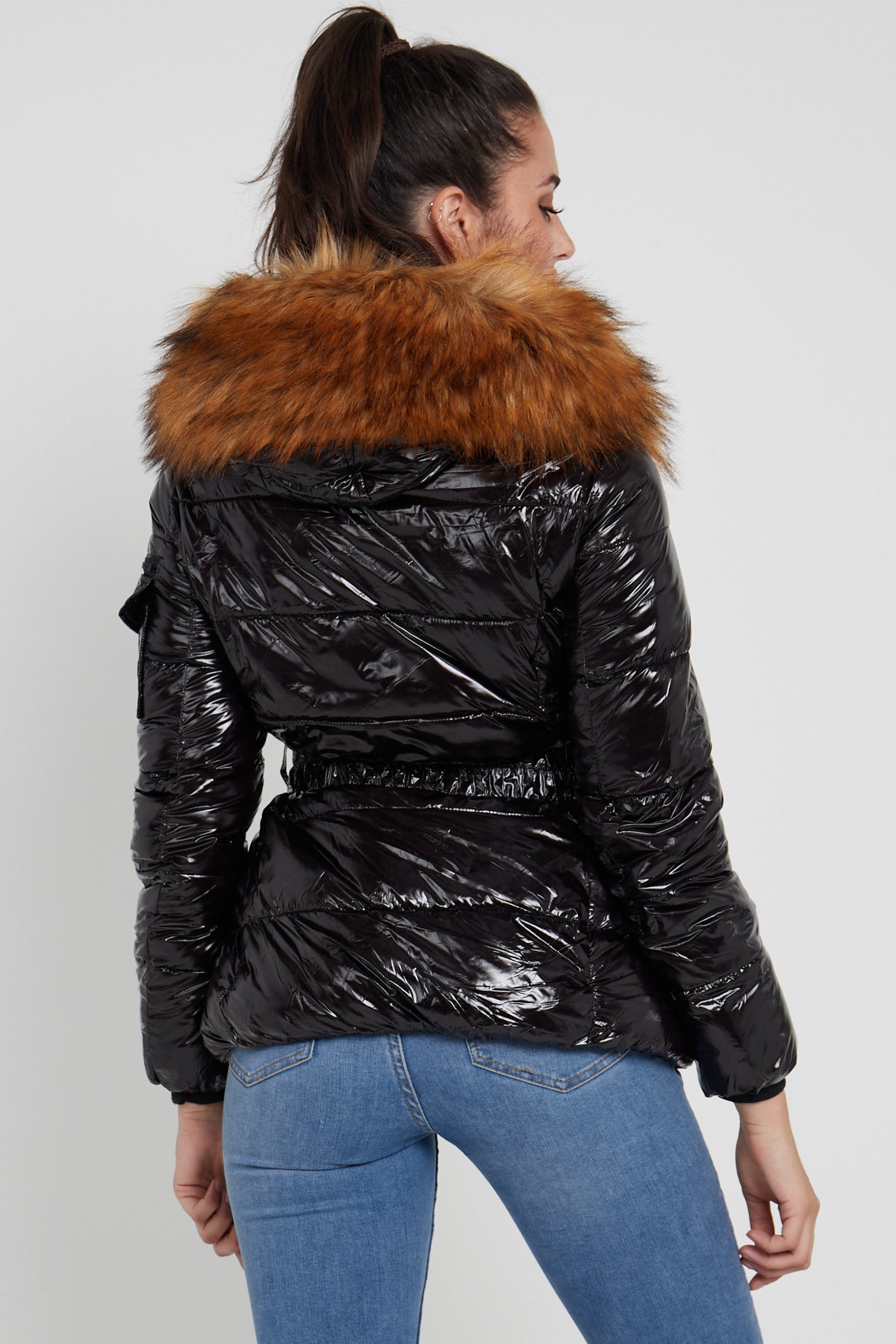 8Pcs Shiny Black Belted Puffer Coat with Faux Fur hood