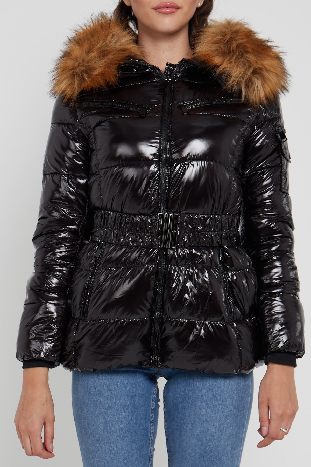 8Pcs Shiny Black Belted Puffer Coat with Faux Fur hood