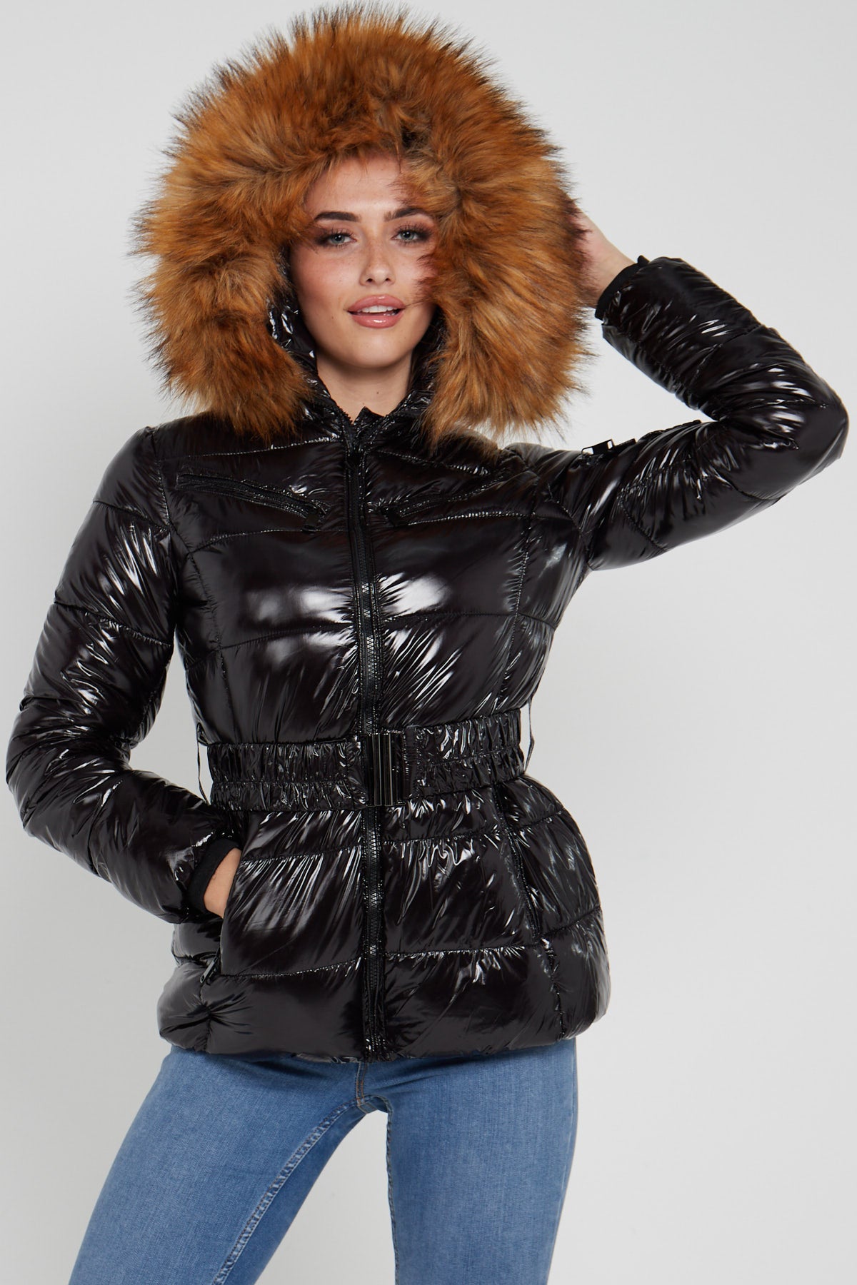 8Pcs Shiny Black Belted Puffer Coat with Faux Fur hood