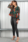 8Pcs Floral Printed Frill Sleeve Tie Waist Top in Dark Green