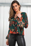 8Pcs Floral Printed Frill Sleeve Tie Waist Top in Dark Green