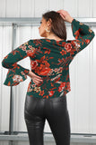 8Pcs Floral Printed Frill Sleeve Tie Waist Top in Dark Green
