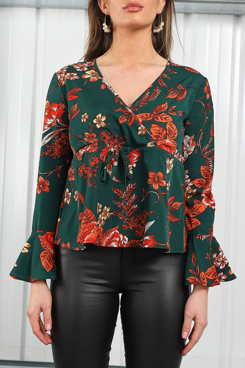 8Pcs Floral Printed Frill Sleeve Tie Waist Top in Dark Green