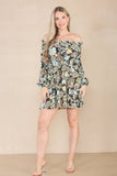 8Pcs Black Leaf Print Cold Shoulder Bardot Mini Dress