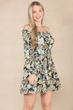 8Pcs Black Leaf Print Cold Shoulder Bardot Mini Dress