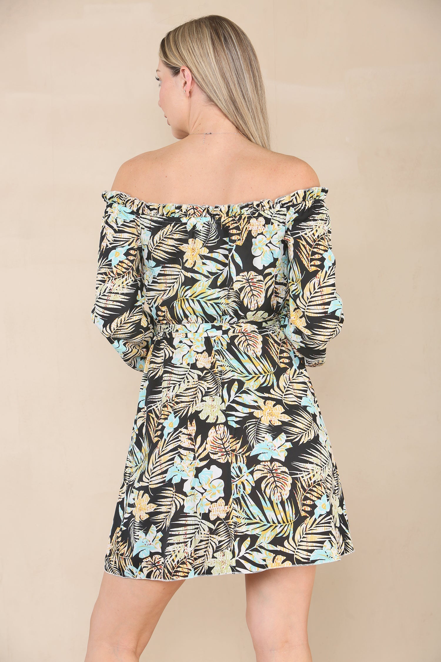 8Pcs Black Leaf Print Cold Shoulder Bardot Mini Dress