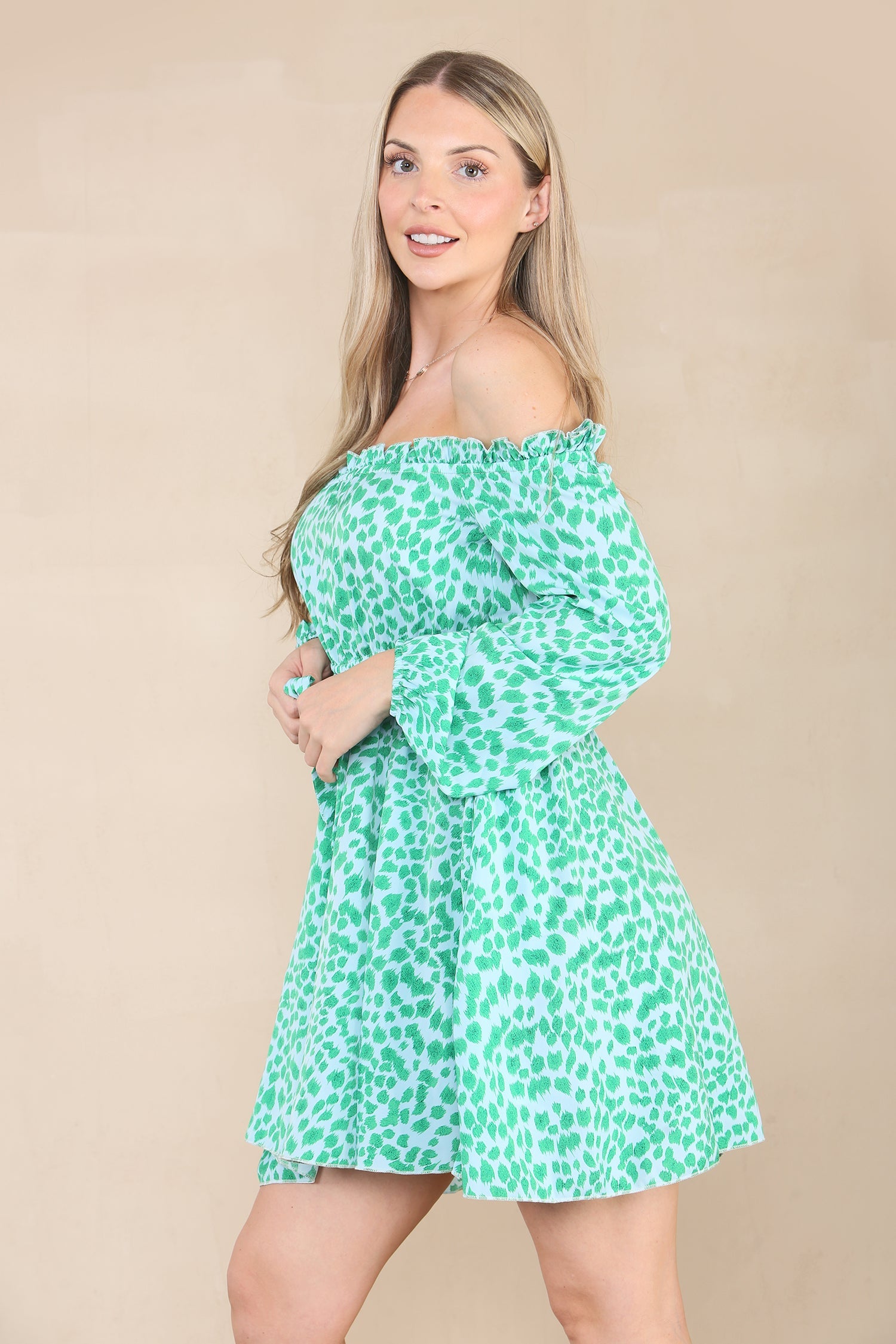8Pcs Green Leopard Print Bardot Mini Dress