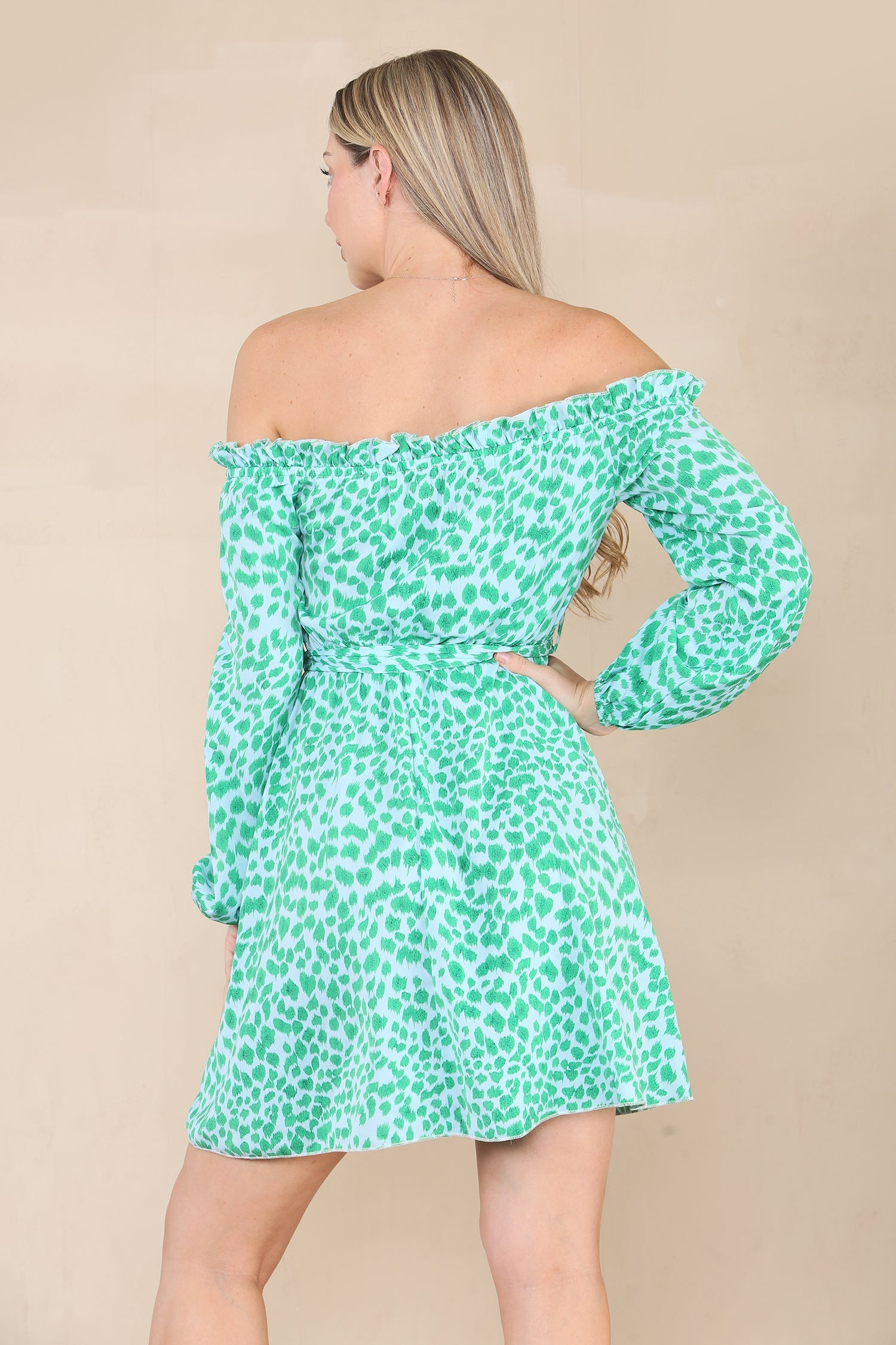 8Pcs Green Leopard Print Bardot Mini Dress